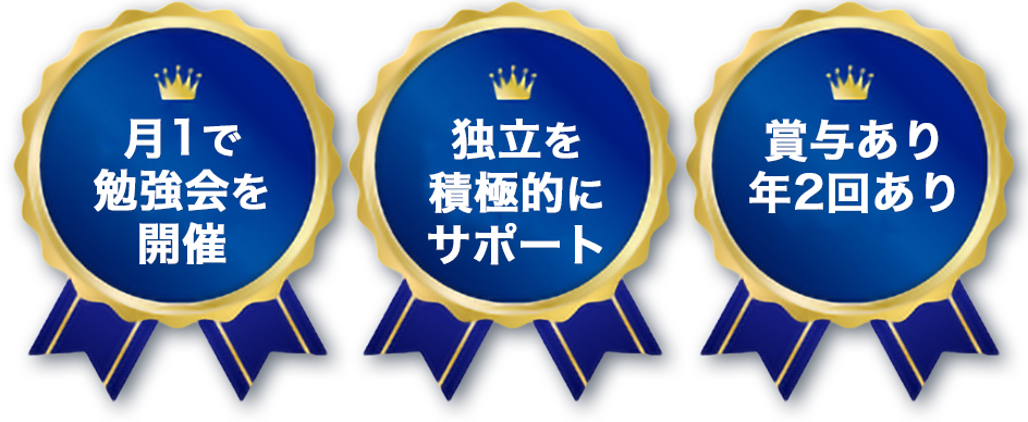 月1️で勉強会を開催　独立を積極的にサポート　賞与あり年2回あり