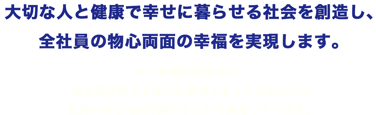 大切な人と健康で幸せに暮らせる社会を創造し、全社員の物心両面の幸福を実現します。