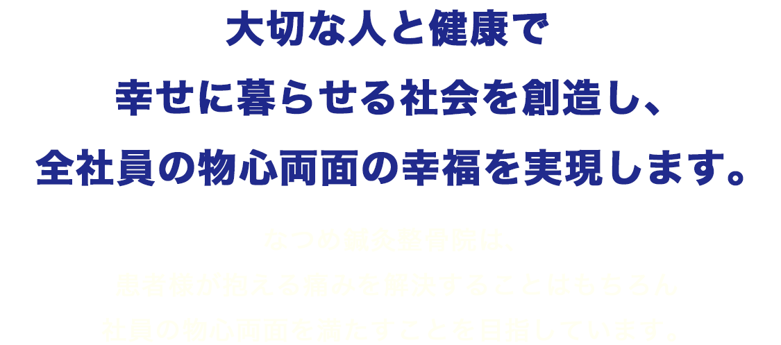 大切な人と健康で幸せに暮らせる社会を創造し、全社員の物心両面の幸福を実現します。